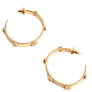 Tory Burch New Milgrain Logo Gold Tone Hoop Earrings